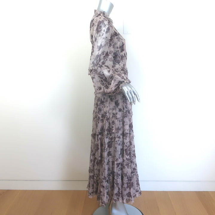 Zimmermann Juno Tiered Midi Dress Mauve Ruffled Floral Print Chiffon Size 2