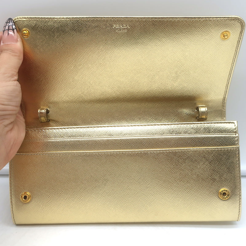Prada Wallet on Chain Gold Metallic Saffiano Leather Small Crossbody Bag