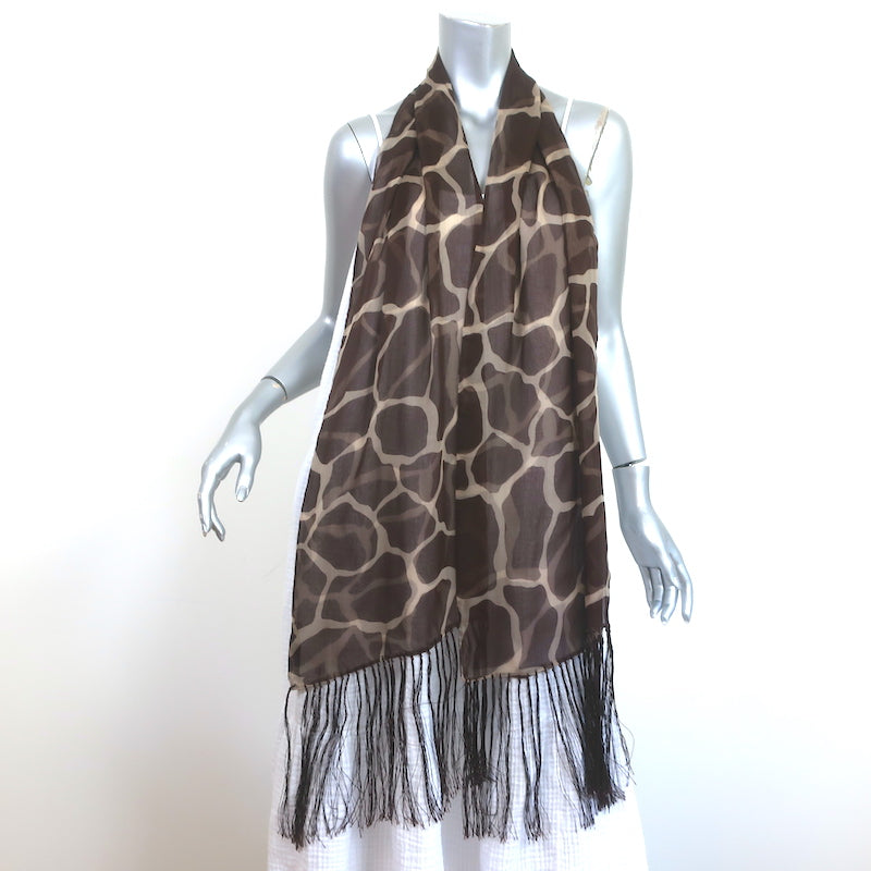 Dolce &amp; Gabbana Foulards Fringe Scarf Brown Giraffe Print Silk Chiffon