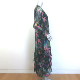 Zimmermann Ninety Six Chevron Frill Midi Dress Black Blossom Chiffon Size 0