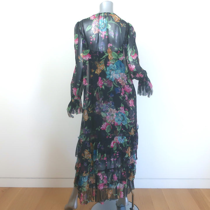 Zimmermann Ninety Six Chevron Frill Midi Dress Black Blossom Chiffon Size 0