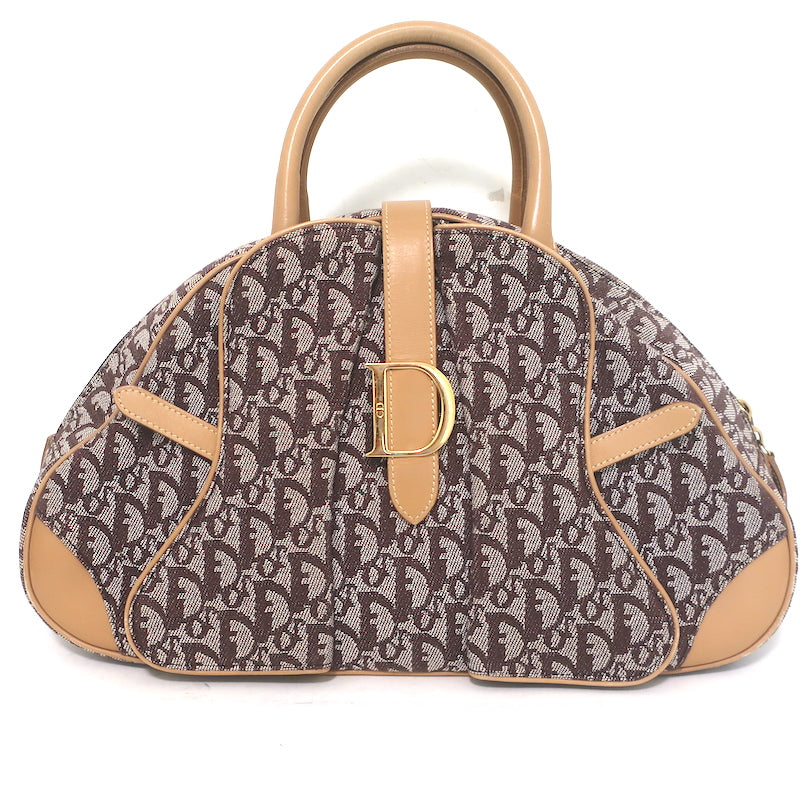 Christian Dior Double Saddle Bowler Bag Brown Diorissimo Canvas &amp; Beige Leather