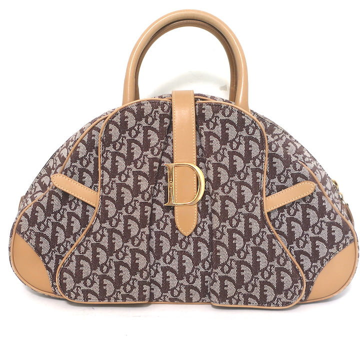 Christian Dior Double Saddle Bowler Bag Brown Diorissimo Canvas &amp; Beige Leather
