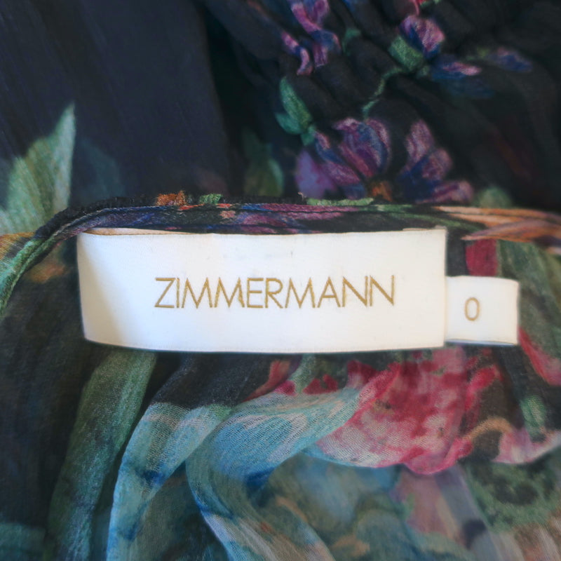 Zimmermann Ninety Six Chevron Frill Midi Dress Black Blossom Chiffon Size 0