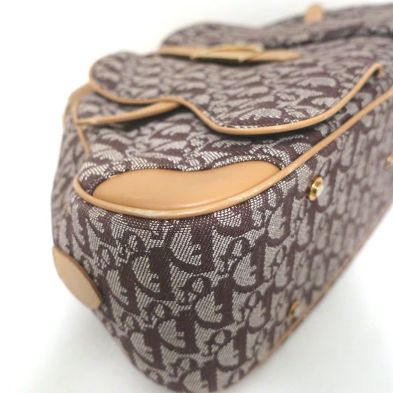 Christian Dior Double Saddle Bowler Bag Brown Diorissimo Canvas &amp; Beige Leather
