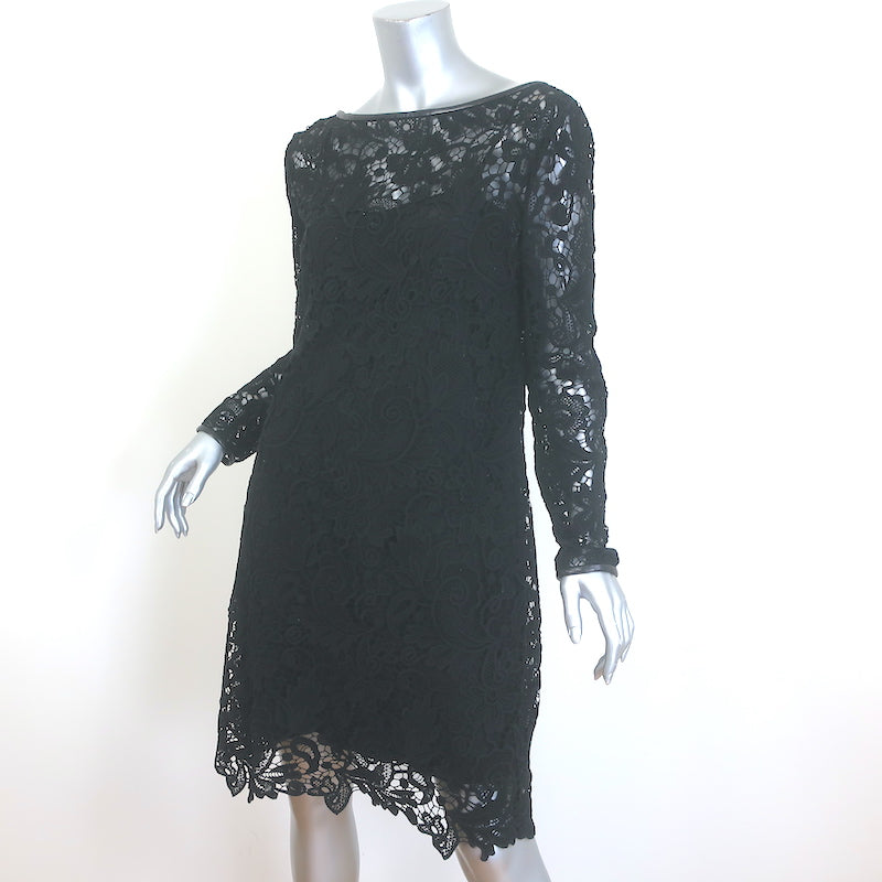 Ralph Lauren Black Label Merrill Leather-Trim Guipure Lace Dress Black Size 8