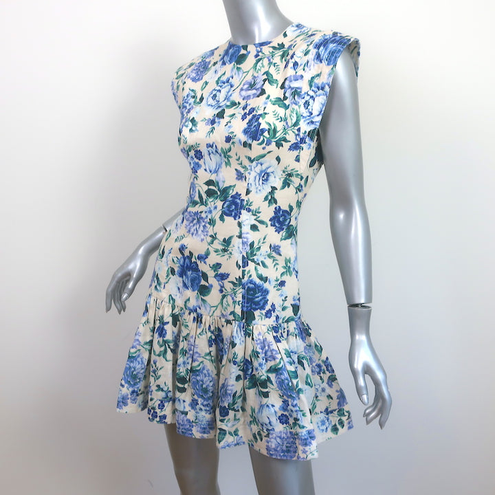 Zimmermann Flounce Mini Dress Moncur Cream/Blue Floral Print Linen Size 0