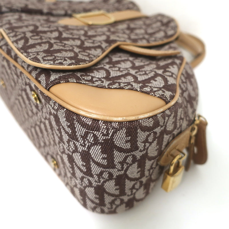 Christian Dior Double Saddle Bowler Bag Brown Diorissimo Canvas &amp; Beige Leather