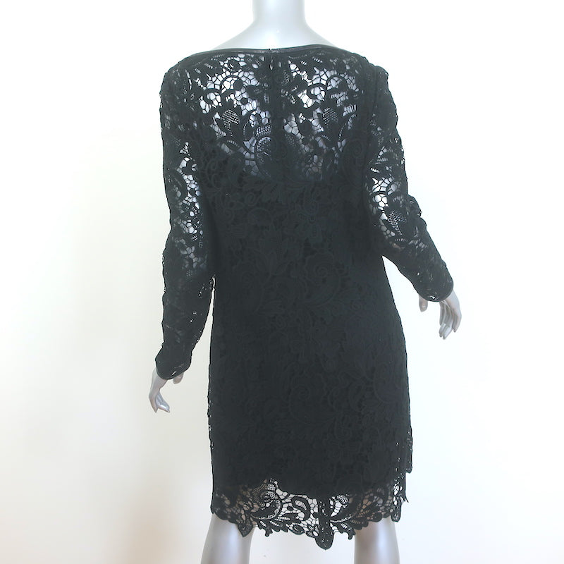 Ralph Lauren Black Label Merrill Leather-Trim Guipure Lace Dress Black Size 8