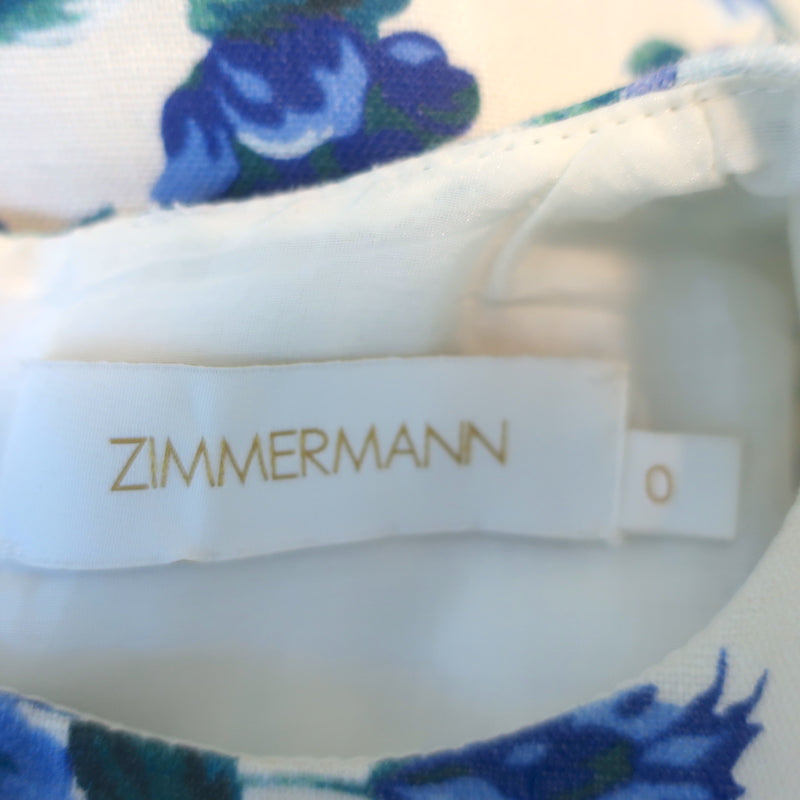 Zimmermann Flounce Mini Dress Moncur Cream/Blue Floral Print Linen Size 0