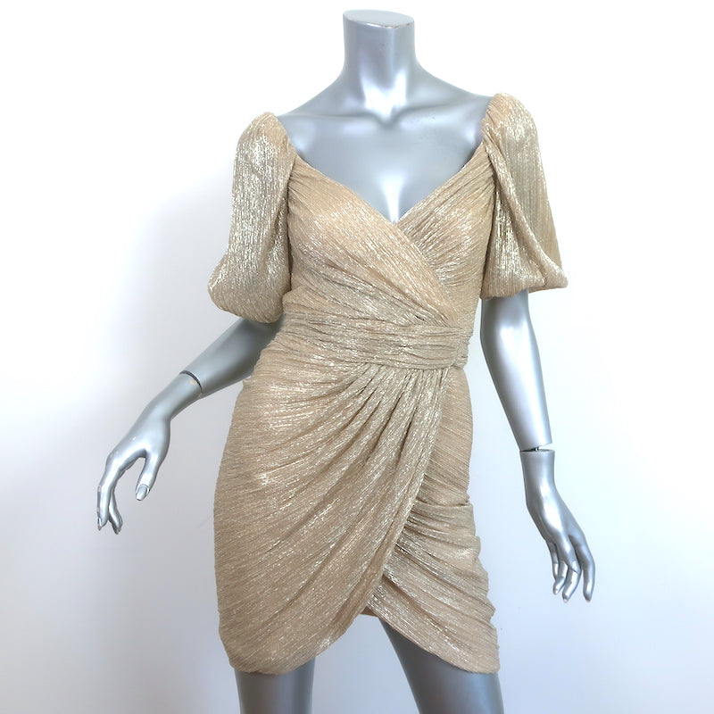 Jonathan Simkhai Ruched Mini Wrap Dress Nina Gold Metallic Lame Size 2
