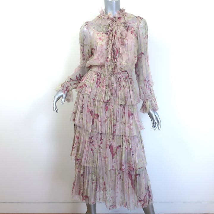 Zimmermann Winsome Tiered Midi Dress Light Pink Floral Crinkled Chiffon Size 1