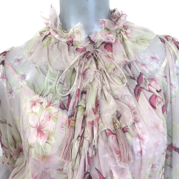 Zimmermann Winsome Tiered Midi Dress Light Pink Floral Crinkled Chiffon Size 1