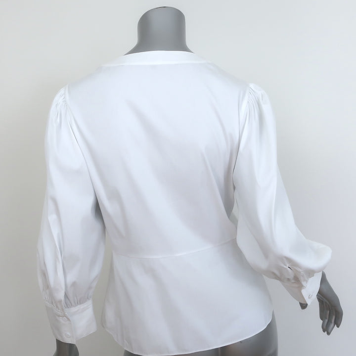 Theory Gathered Sleeve Button-Front Top White Stretch Cotton Size Small