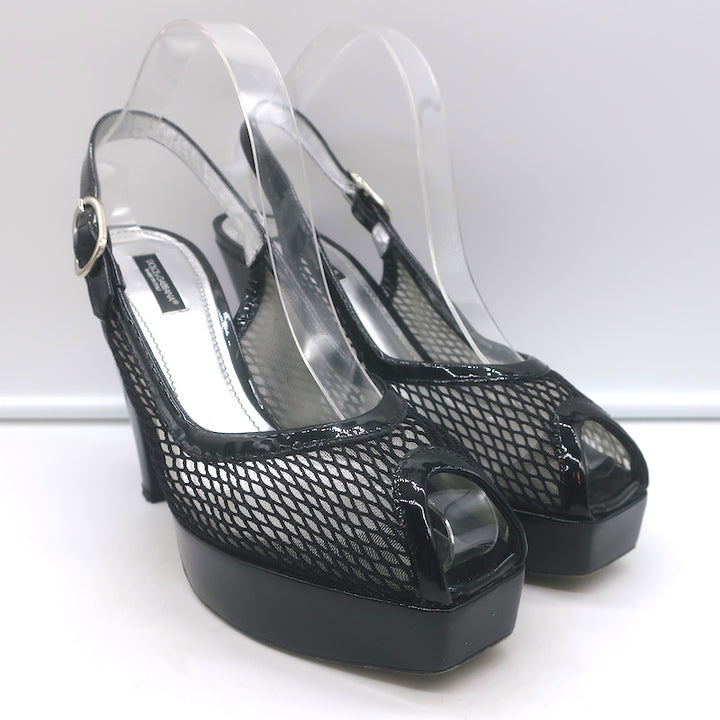 Dolce &amp; Gabbana Mesh Platform Slingback Pumps Black Patent Leather Size 40