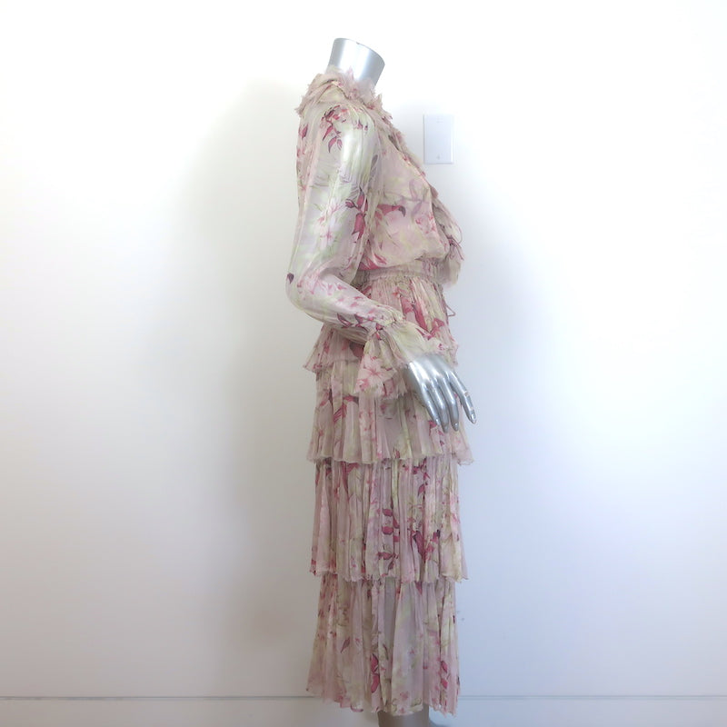 Zimmermann Winsome Tiered Midi Dress Light Pink Floral Crinkled Chiffon Size 1