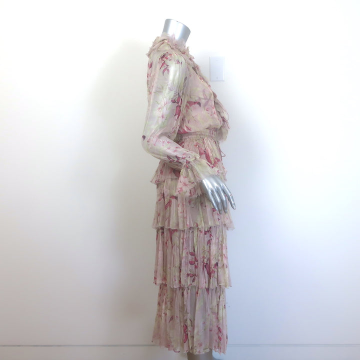 Zimmermann Winsome Tiered Midi Dress Light Pink Floral Crinkled Chiffon Size 1