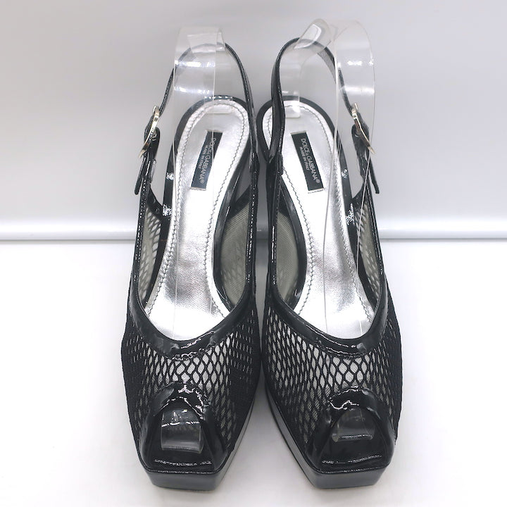 Dolce &amp; Gabbana Mesh Platform Slingback Pumps Black Patent Leather Size 40
