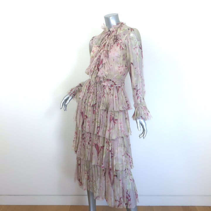 Zimmermann Winsome Tiered Midi Dress Light Pink Floral Crinkled Chiffon Size 1