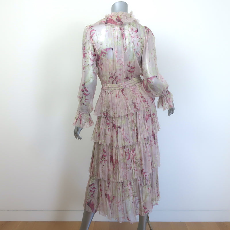 Zimmermann Winsome Tiered Midi Dress Light Pink Floral Crinkled Chiffon Size 1