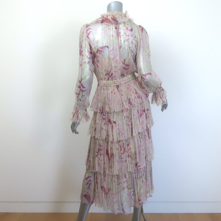 Zimmermann Winsome Tiered Midi Dress Light Pink Floral Crinkled Chiffon Size 1