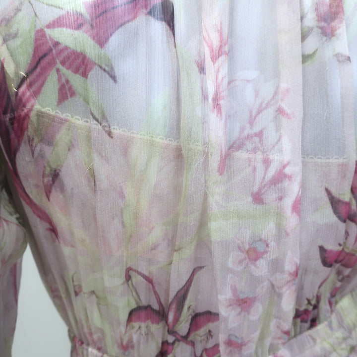 Zimmermann Winsome Tiered Midi Dress Light Pink Floral Crinkled Chiffon Size 1
