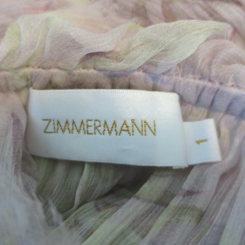 Zimmermann Winsome Tiered Midi Dress Light Pink Floral Crinkled Chiffon Size 1