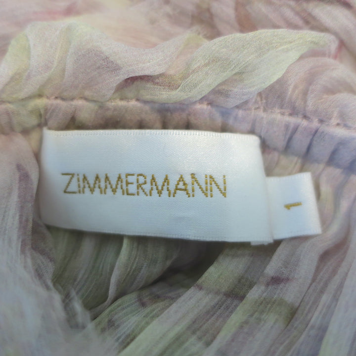 Zimmermann Winsome Tiered Midi Dress Light Pink Floral Crinkled Chiffon Size 1
