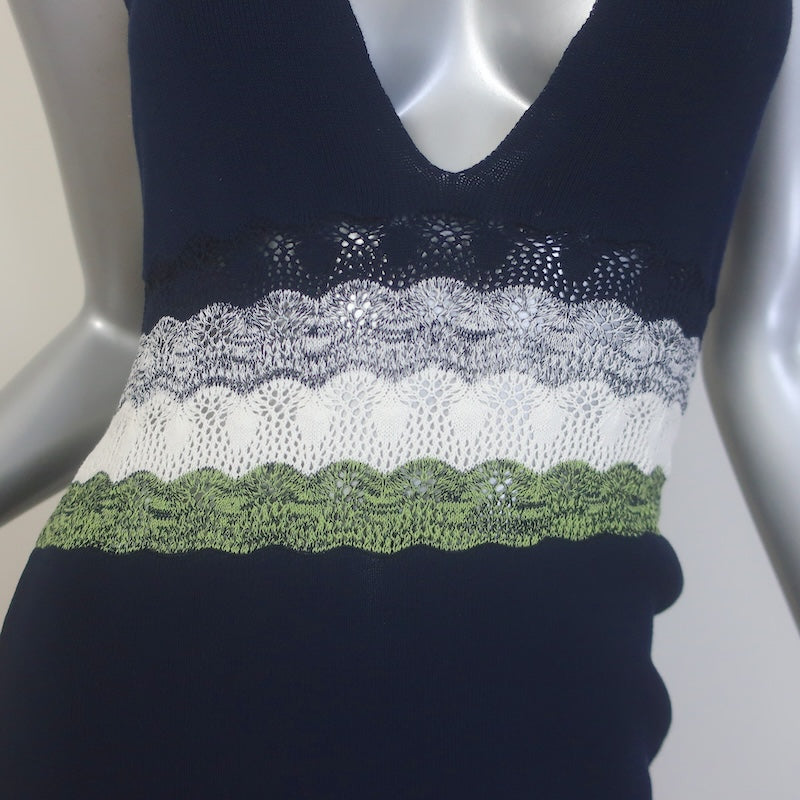 Ramy Brook Crochet-Striped Midi Halter Dress Navy Cotton Knit Size Small
