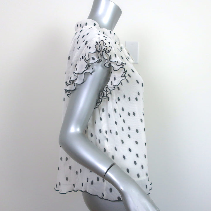GANNI Polka Dot Top White/Black Pleated Georgette Size 36 Flutter Sleeve Blouse
