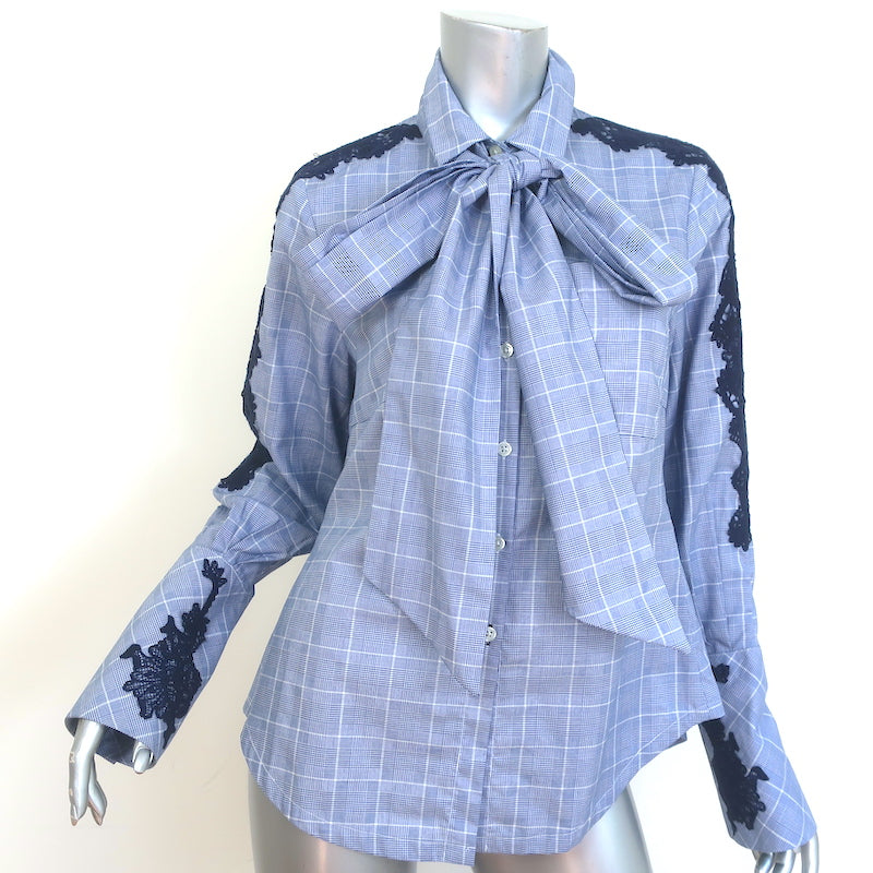 Jonathan Simkhai Pussy Bow Shirt Blue Lace-Embroidered Plaid Size Smal Celebrity Owned Jonathan Simkhai Pussy Bow Shirt Blue Lace-Embroidered Plaid Size Smal Celebrity Owned