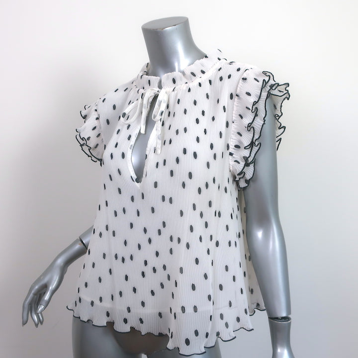 GANNI Polka Dot Top White/Black Pleated Georgette Size 36 Flutter Sleeve Blouse