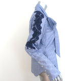 Jonathan Simkhai Pussy Bow Shirt Blue Lace-Embroidered Plaid Size Small