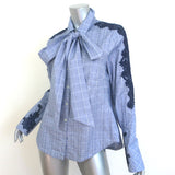 Jonathan Simkhai Pussy Bow Shirt Blue Lace-Embroidered Plaid Size Small