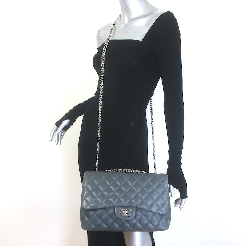 Chanel 2006 Bijoux Chain Jumbo Single Flap Bag Dark Gray Quilted Leather