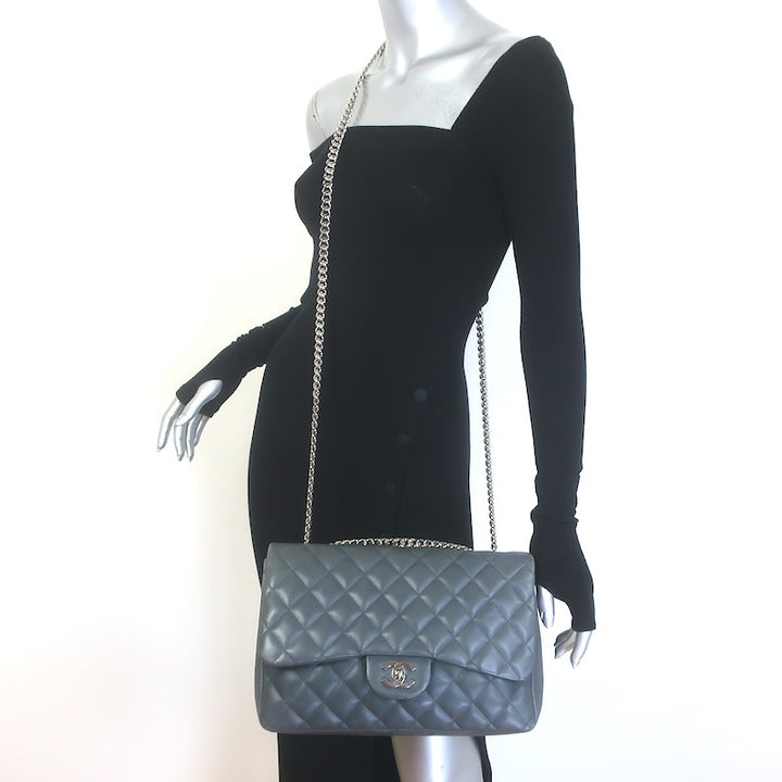 Chanel 2006 Bijoux Chain Jumbo Single Flap Bag Dark Gray Quilted Leather