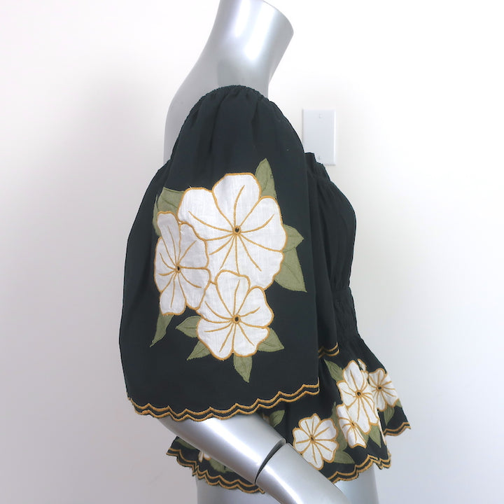 THE GREAT Top Black Floral Embroidered Ruched Cotton Size 1 Short Sleeve Blouse