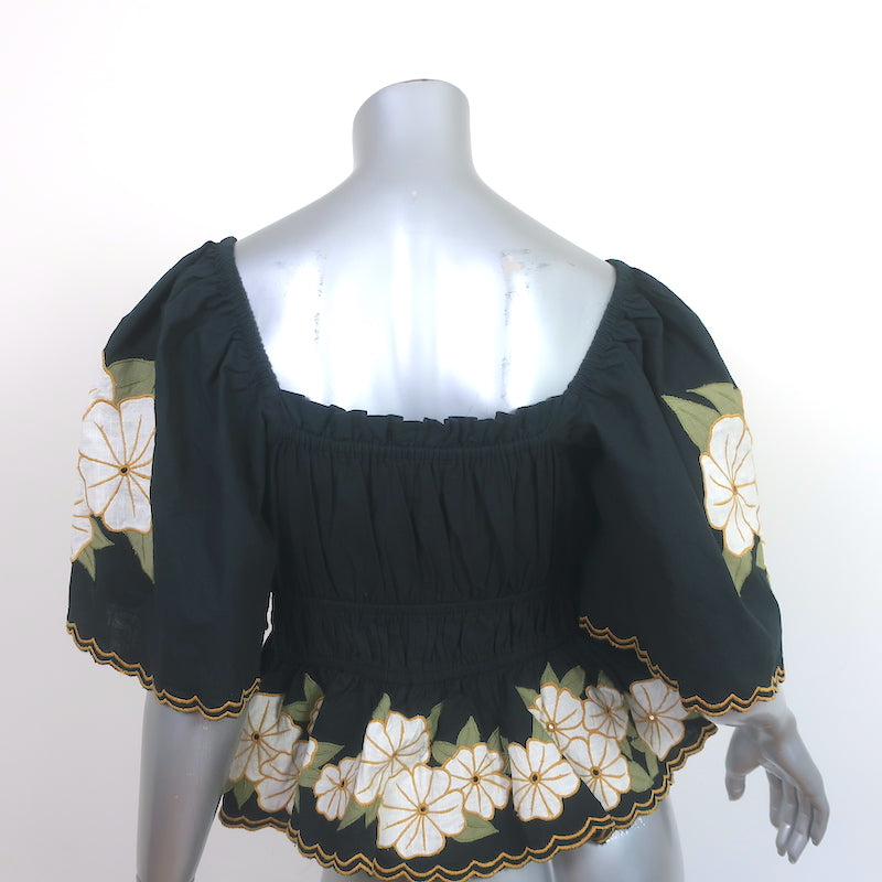 THE GREAT Top Black Floral Embroidered Ruched Cotton Size 1 Short Sleeve Blouse