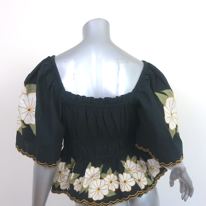 THE GREAT Top Black Floral Embroidered Ruched Cotton Size 1 Short Sleeve Blouse