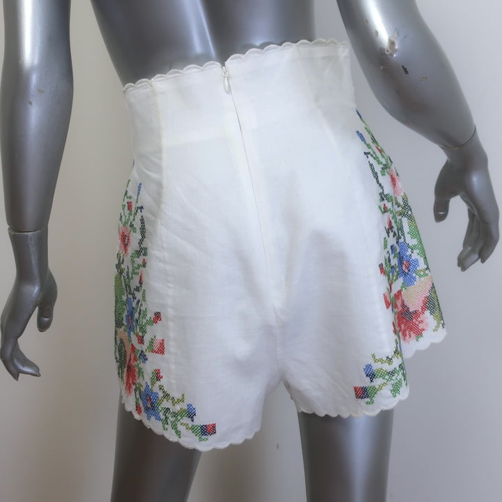 Zimmermann Juliette Cross Stitch Embroidered Shorts White Linen Size 1/Small