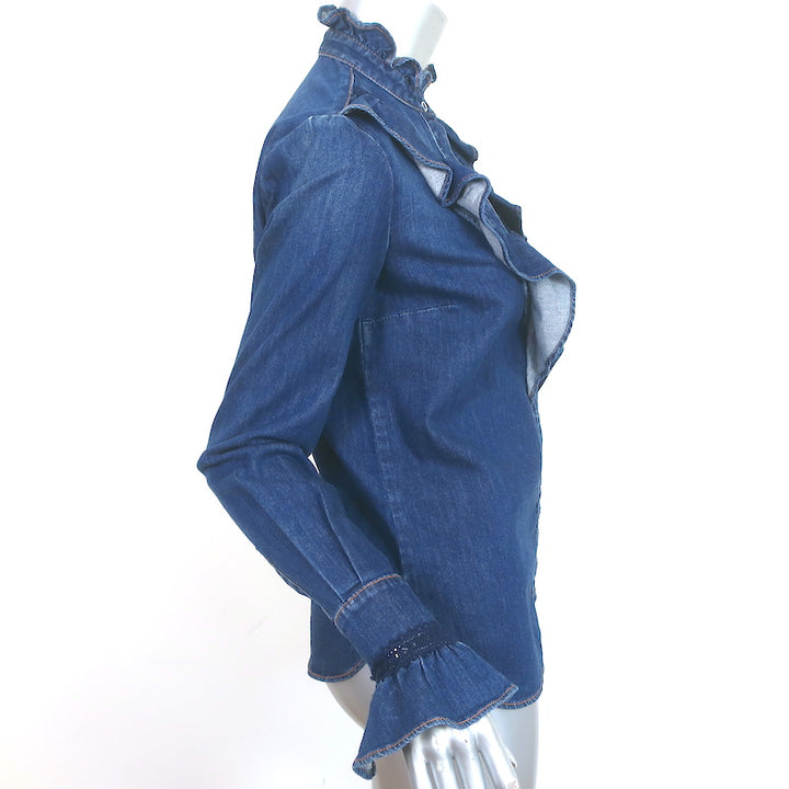 Stella McCartney Ruffled Lace-Trim Denim Shirt Indigo Size 36 Long Sleeve Top