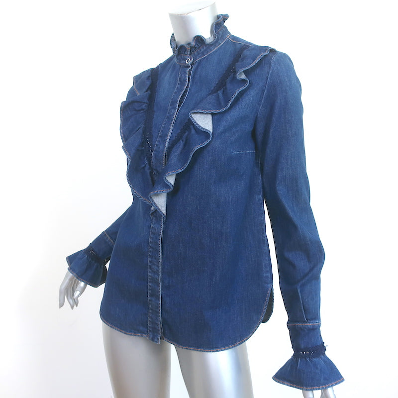 Stella McCartney Ruffled Lace-Trim Denim Shirt Indigo Size 36 Long Sleeve Top