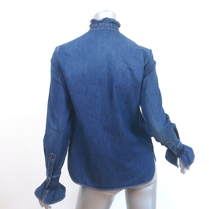 Stella McCartney Ruffled Lace-Trim Denim Shirt Indigo Size 36 Long Sleeve Top
