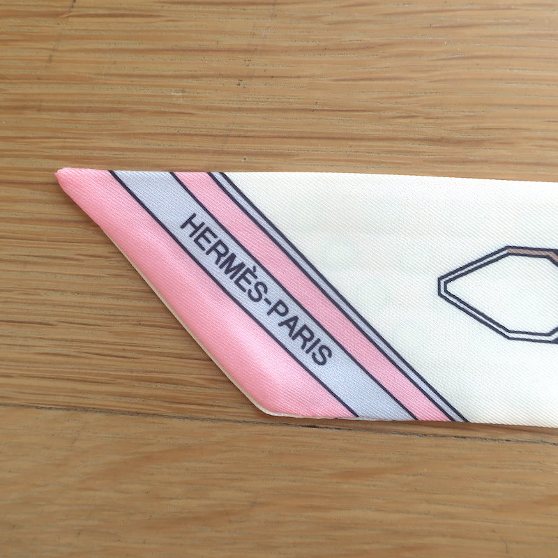 Hermes Grand Tralala Silk Twilly Pink Polka Dot &amp; Cream Belt Print NEW