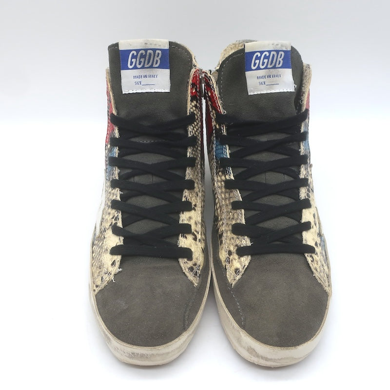 Golden Goose Francy Snake-Embossed High Top Sneakers Cream/Gray Size 37