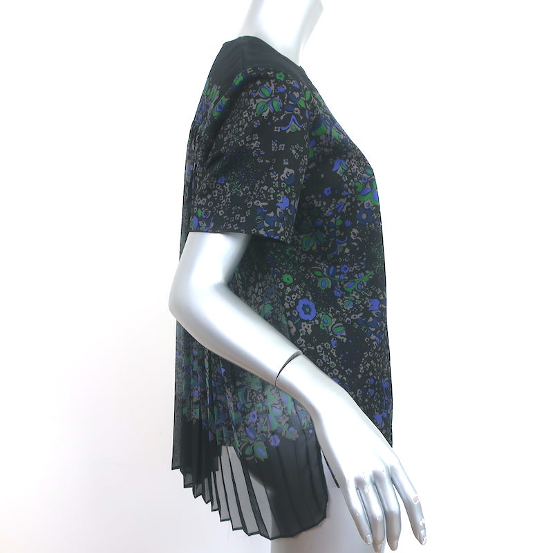 Sacai Pleated-Back Short Sleeve Top Black Floral Print Cotton &amp; Georgette Size 3