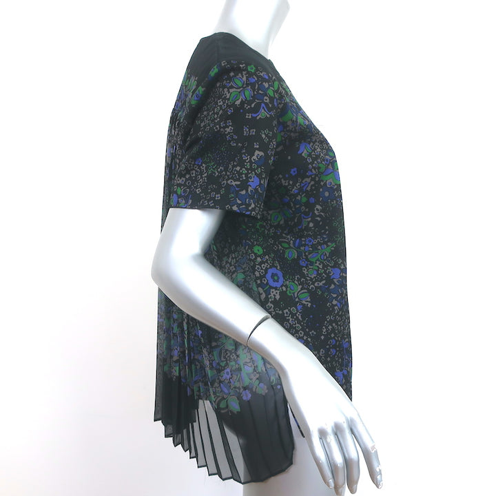Sacai Pleated-Back Short Sleeve Top Black Floral Print Cotton &amp; Georgette Size 3