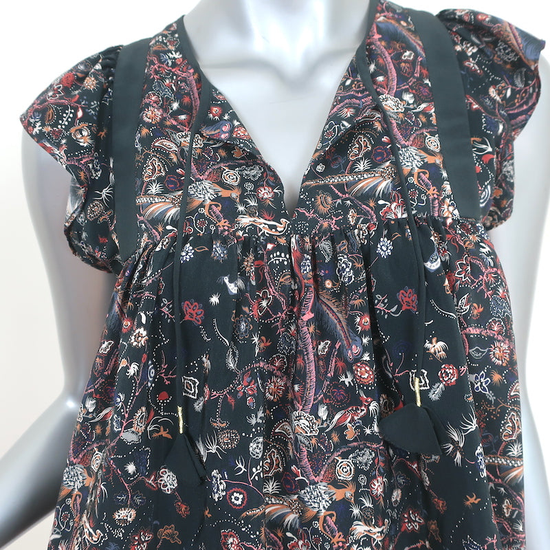 Ulla Johnson Tassel Top Posy Black Printed Silk Size 2 Sleeveless Blouse
