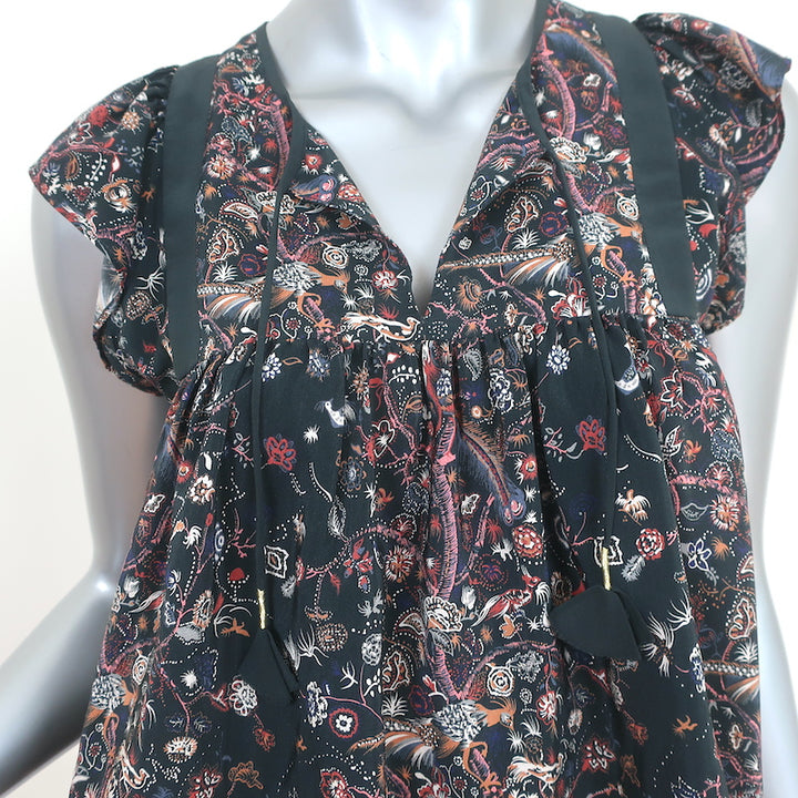 Ulla Johnson Tassel Top Posy Black Printed Silk Size 2 Sleeveless Blouse