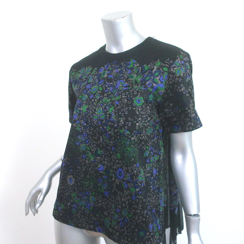 Sacai Pleated-Back Short Sleeve Top Black Floral Print Cotton &amp; Georgette Size 3